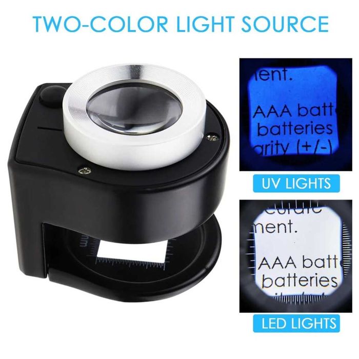 Бижутерска лупа с 30x увеличение, UV и LED светлини