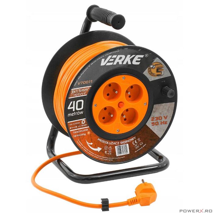 Rola prelungitor cablu cu cadru metalic, 25 metri 3 x 1,5 mm, Verke