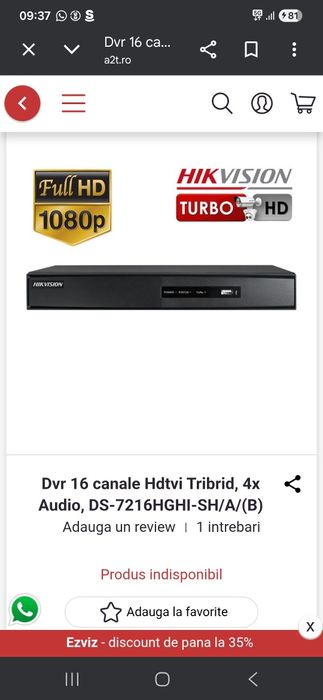 Dvr 16 canale Hik Vision Hdtvi Tribrid cu 4 canale audio, FULL HD.