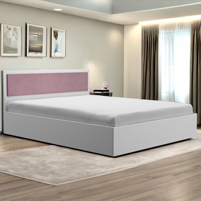 Pat dublu alb cu tapitărie roz/pink