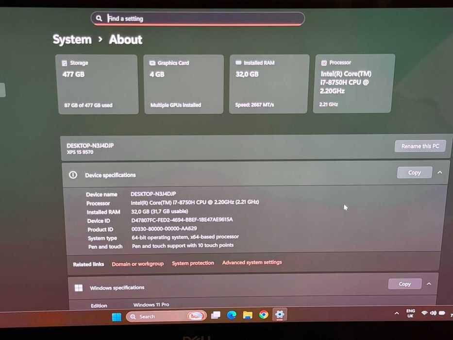 Dell XPS 9570 i7/32RAM/512GB SSD/4k touchscreen