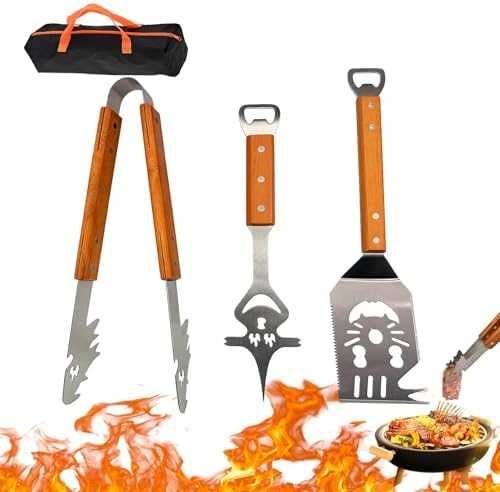 Нов BBQ комплект 3 части неръждаема стомана с дървени дръжки готвена скара грил инструменти
