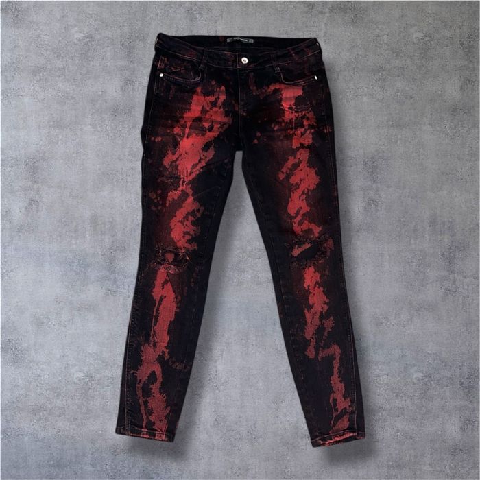 Blugi Zara skinny slim rupti negru-rosu