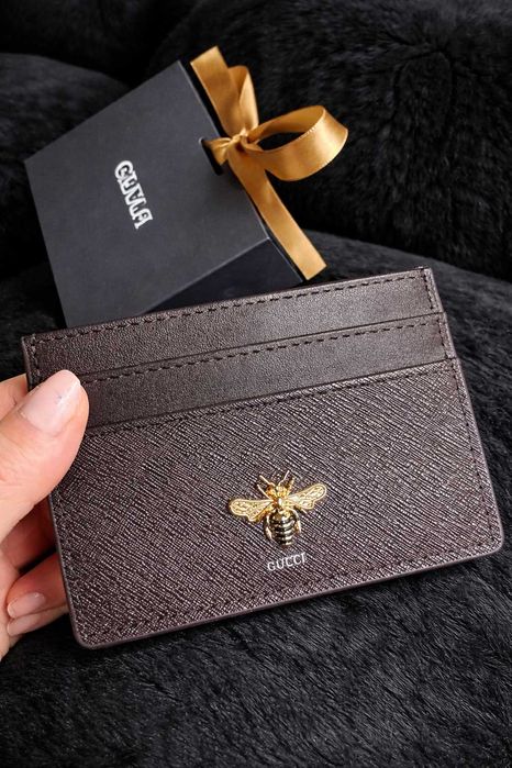 гучи кардхолдър портмоне ново кожено  пчела gucci унисекс кафяв кафяво