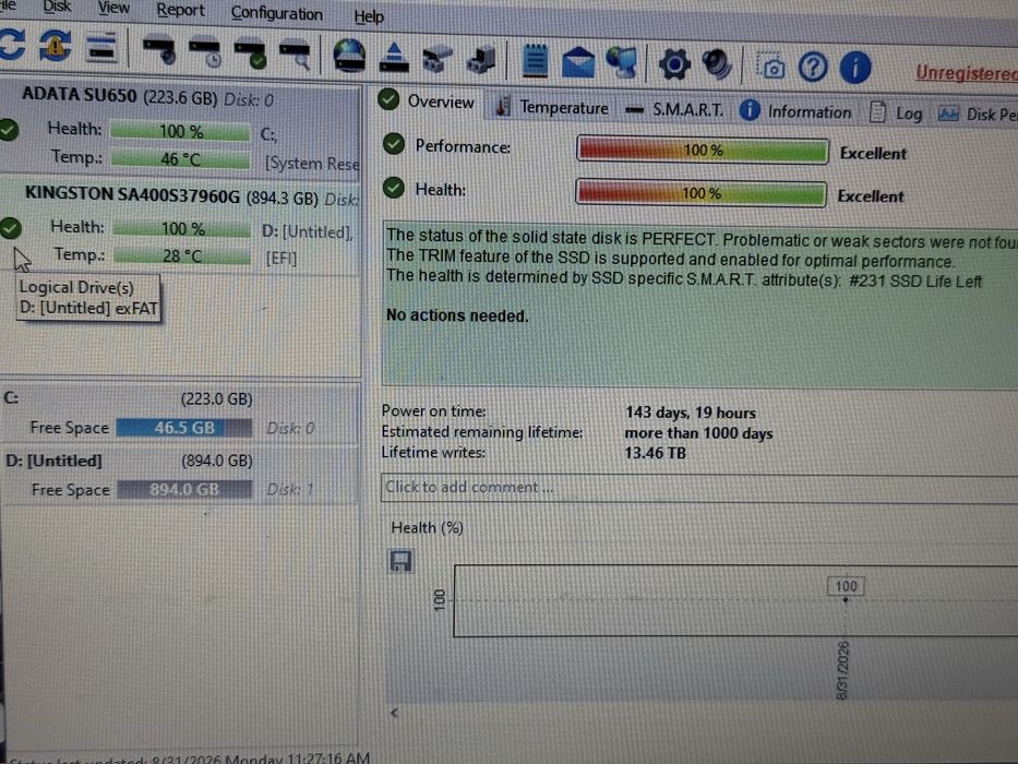 SSD 1TB Kingston (960GB) - 100% Health