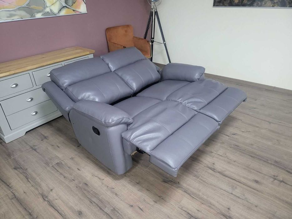 Сиво-лилав кожен диван двойка с ръчен релаксиращ механизъм