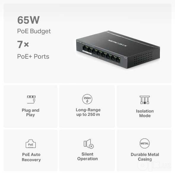 8 портовый гигабитный коммутатор с 7 порта PoE+ Mercusys MS108GP