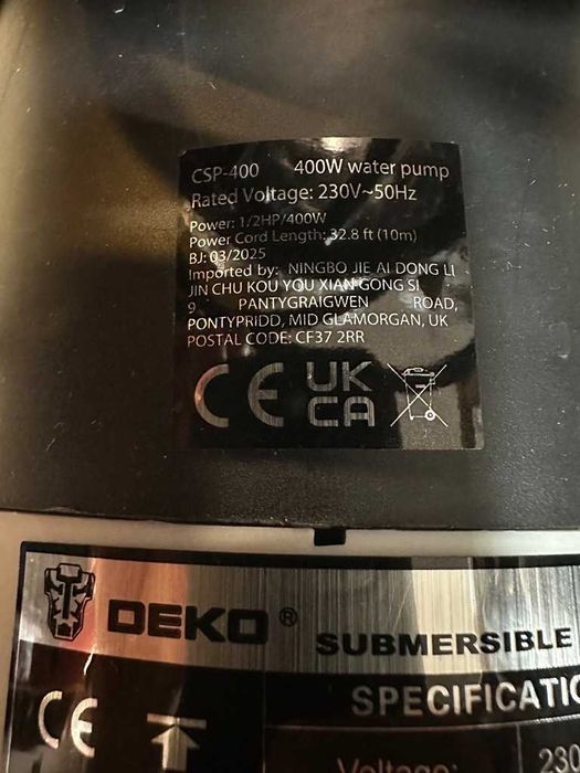 Нова,  потопяема помпа за мръсна вода (бибо) Deko CSP-400Y-EUBS