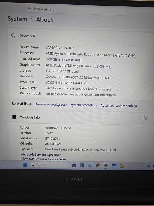 Laptop Huawei MateBook D14 cu procesor AMD Ryzen 5 3500U, 14 inch