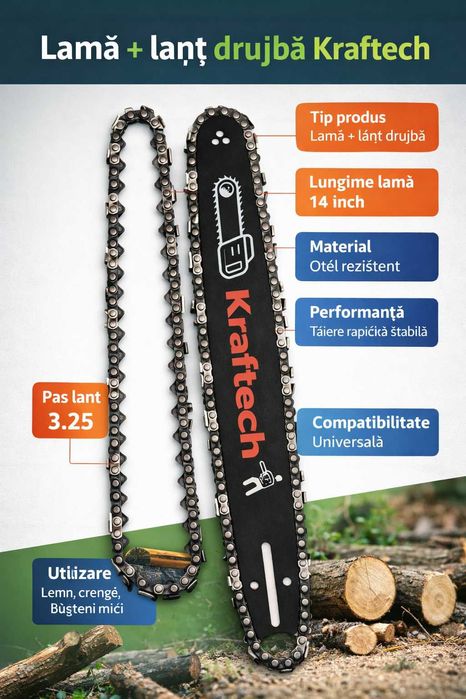 Lama si lant drujba 14 inch Kraftech pas 3.25 taiere precisa