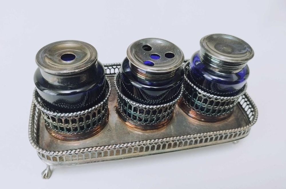 Veche calimara birou Sheffield, anii 1800, placata cu argint, cobalt