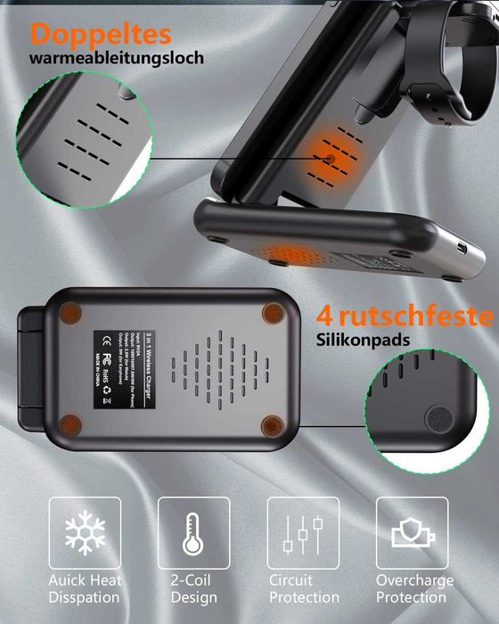 GAGBK Станция за безжично зареждане 3в 1,за iPhone,Apple Watch,Airpods