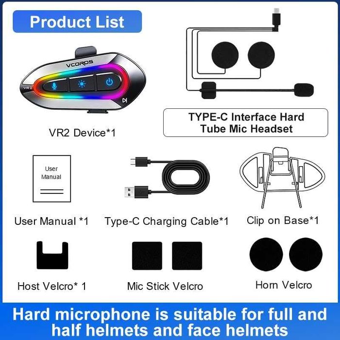Слушалки за мотоциклетна каска VCOROS VR2 с 16-цветни RGB светлини