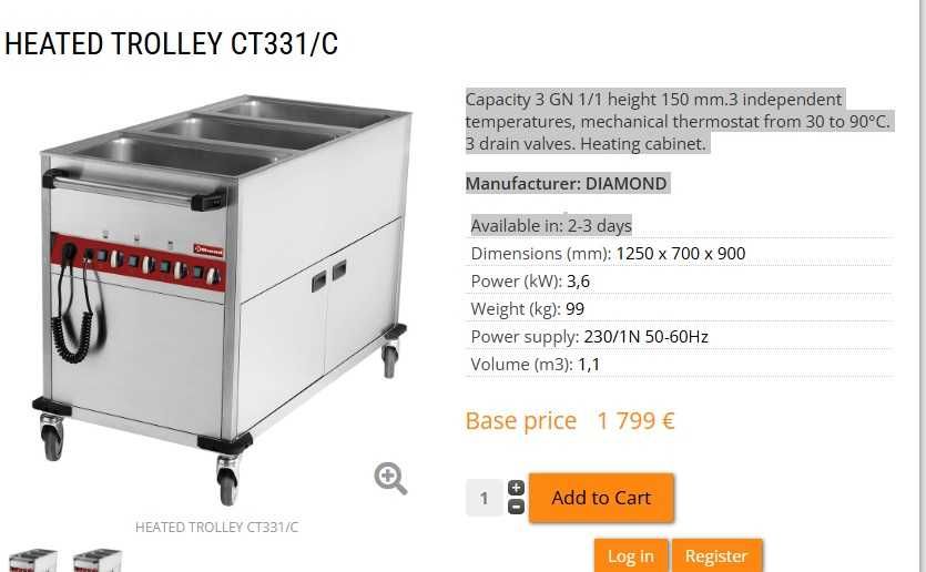 Carucior bain marie - masa calda -  3 GN 1/1 - 230 v - 30% din pret