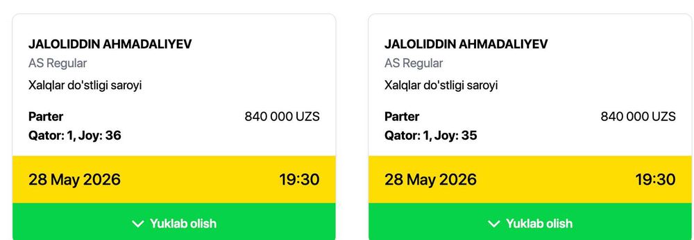 Jaloliddin Ahmadaliyev konsertiga old qatordan biletlar bor 2 dona