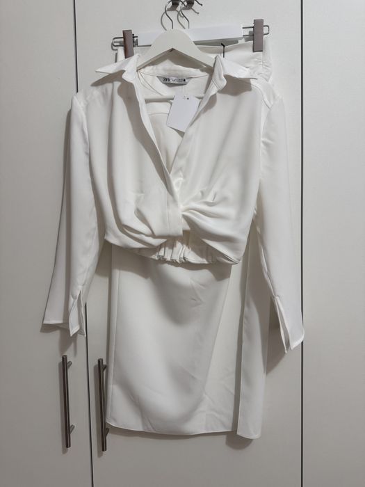 Compleu / set / costum alb fusta midi cu slit camasa scurta Zara S