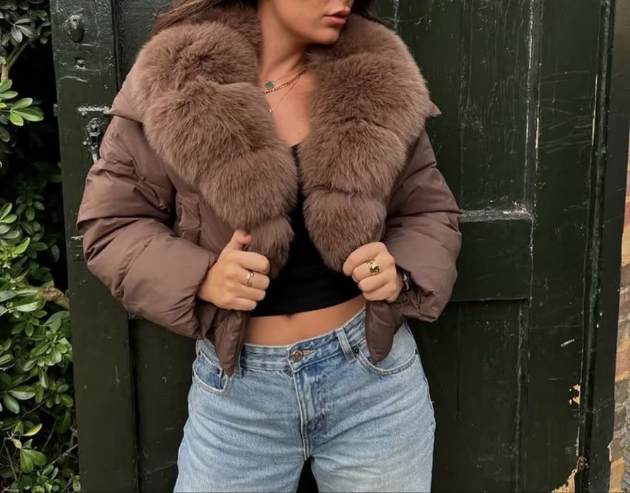 Geaca maro cu blana de vulpe