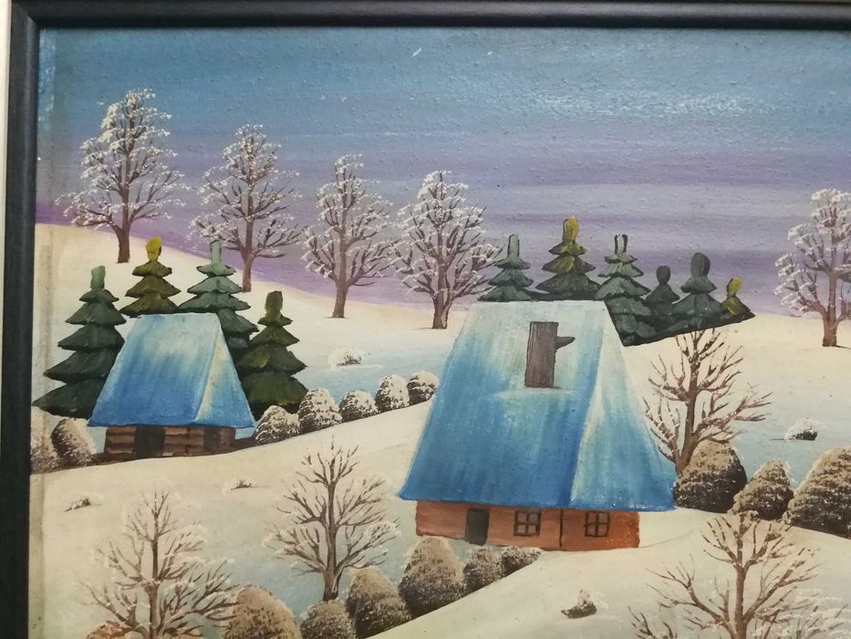 Tablou Arta Naiva Pictura Ulei pe Panza Petru Mihut Iarna 1985