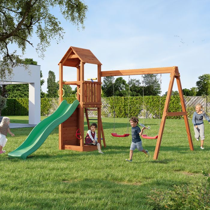 Fungoo FLAPPI дървена детска площадка с пързалка и 2 люлк