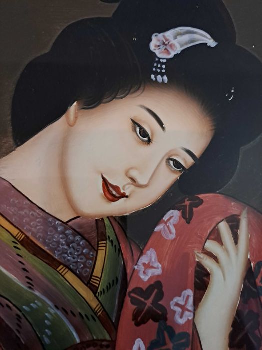 tablou asiatic vechi pictura sticla rama lemn 58,5/42,5 cm