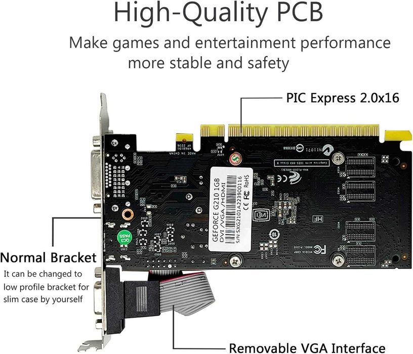 Placa video GPU QTHREE GT 210,1024 MB DDR3 64 biți HDMI DVI VGA,desktop frecvență bază 589 MHz PC PCI Express x16 profil redus