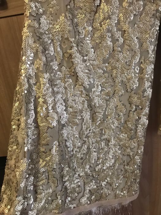 Rochie glam, Nissa, mini, nude cu paiete aurii si umar gol, chic, noua