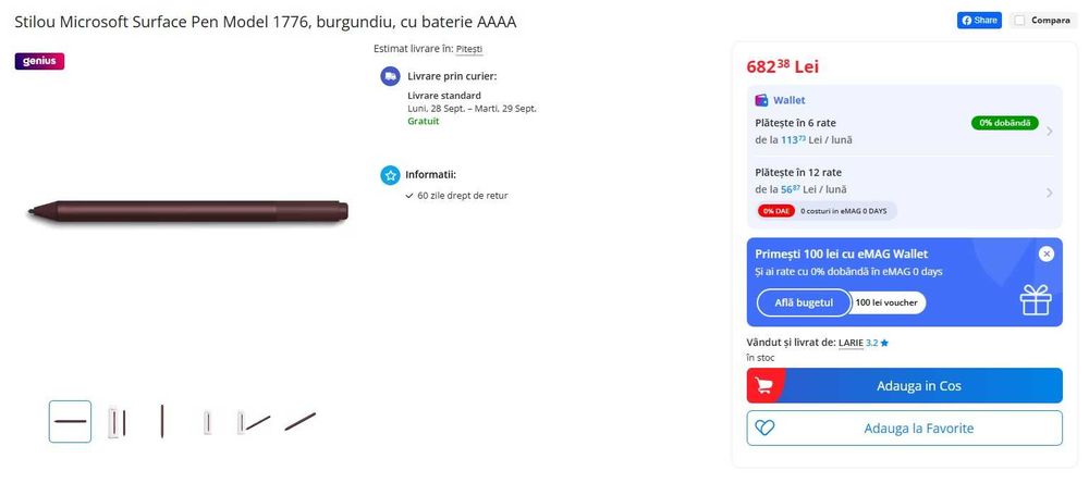 Creion Pix Microsoft Surface Pen Model 1776 NOU culoare gri si negru