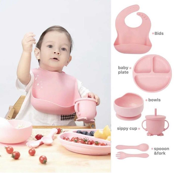 Set Hranire si Diversificare Bebelusi din Silicon BPA Free 6 Piese Roz