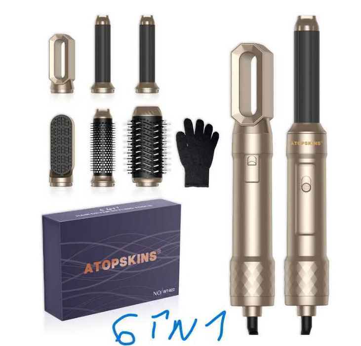 Ondulator & Perie cu Aer Cald Atopskins 6 în 1, Multistyler 1000W, Tehnologie Ioni Negativi, 3 Trepte Temperatură, Auriu