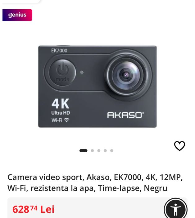 Camera video sport, Akaso, EK7000, 4K, 12MP, sigilata, transport ZERO