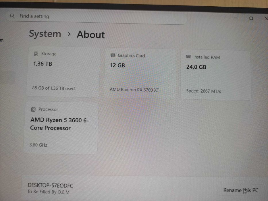 Геймърски Компютър RX6700XT 12gb Ryzen 5 3600