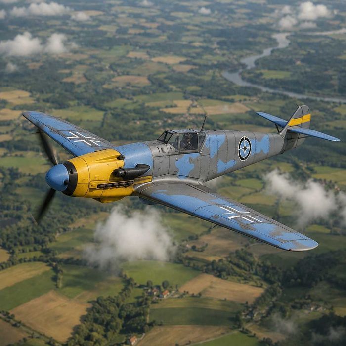 Macheta avion BF-109 scara 1:48 22cm gri /verde/blue camuflaj