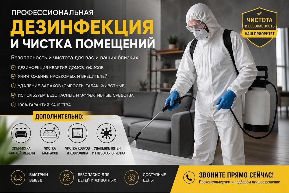 Үй-жайларды кәсіби дезинфекциялау және тазалау! Кандала тараканы кене!