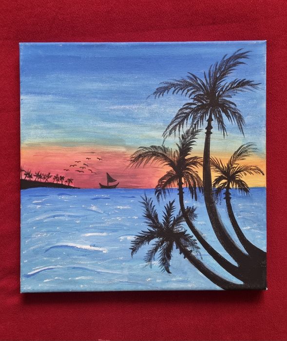 Картина "Палми по залез" - темпера върху платно