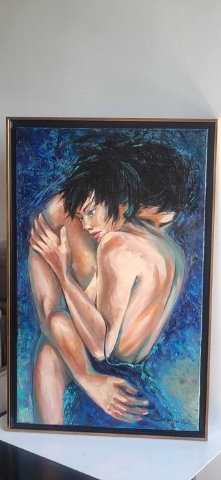 Pictura, tablou mare ulei, nou, -BLUE LOVE-, pictor roman consacrat