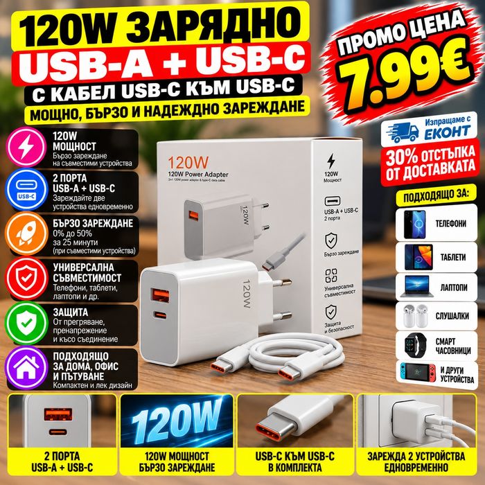 Зарядно 120W USB-A + USB-C с кабел USB-C към USB-C, бързо зареждане за телефон и таблет