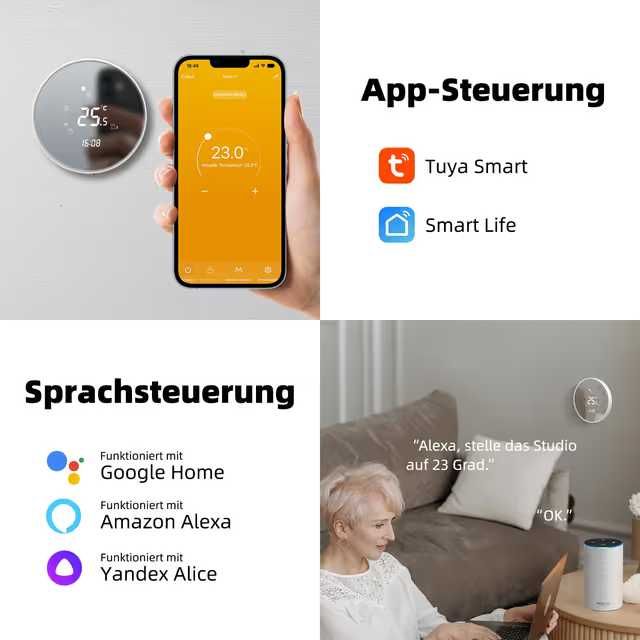 Termostat inteligent Beok TGR86 WIFI Tuya pentru boiler pe gaz/apă și încălzire prin pardoseală, compatibil Alexa și Google Home