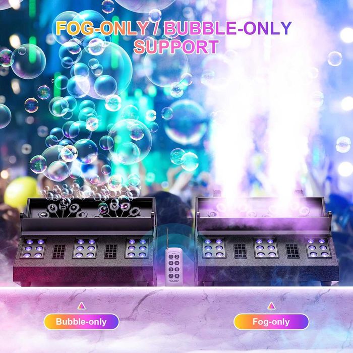 Dispozitiv de bule cu fum greu de 1500 W și telecomandă, 18 LED-uri RGB, compatibilitate DMX512, control independent al funcțiilor de fum și bule