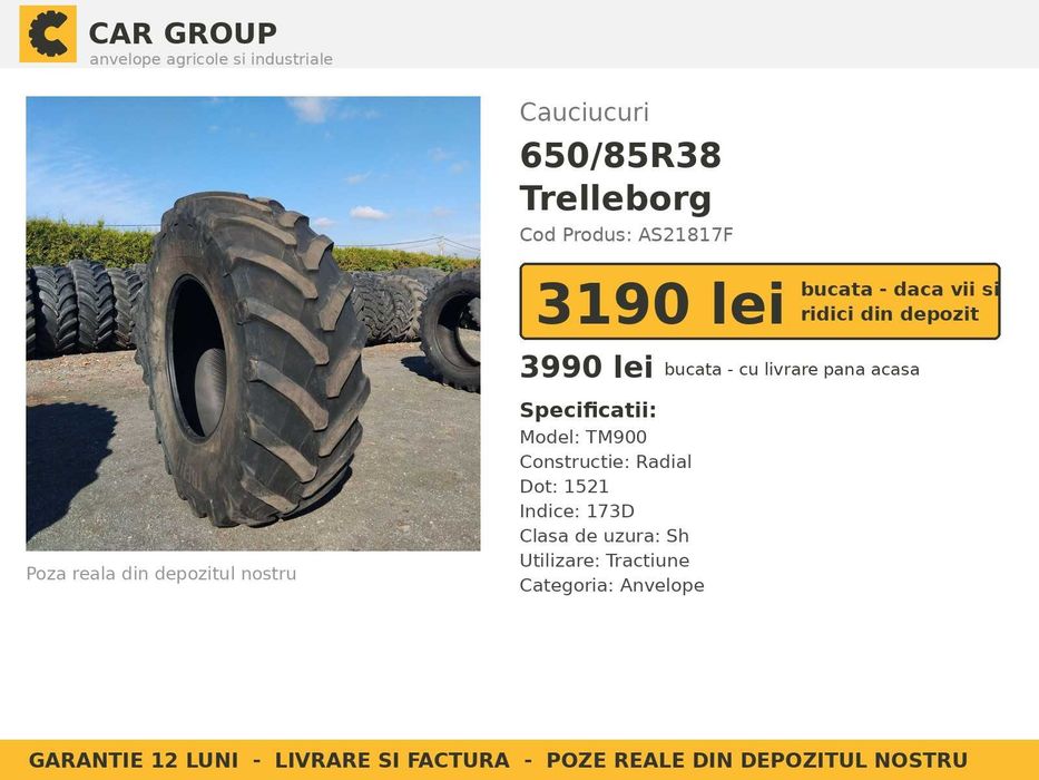 Anvelope Cauciucuri 650/85R38 650/85 R38 650 85 R38 650/85-38 6508538 Trelleborg Tractor Punte Spate Tractiune SH Second Hand OFERTA Pret Bun Reducere