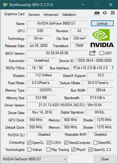 GeForce 9800 GT 512MB Low Power