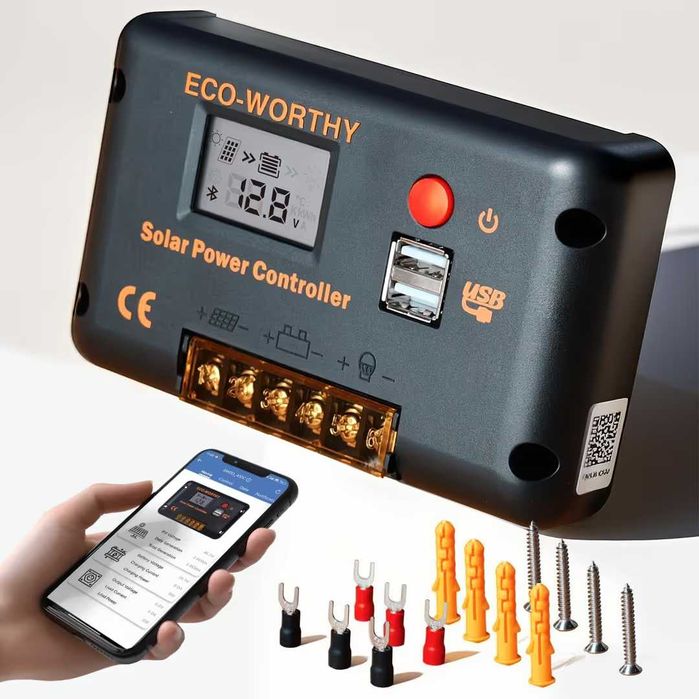 controler de încărcare solară 30A 12/24V PWM Bluetooth monitorizare prin aplicaţie 2 porturi USB – negru