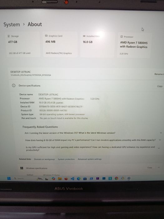 Laptop ASUS Vivobook 15 M1502QA | Ryzen 7 5800HS | 16GB RAM | 512GB SSD | Impecabil