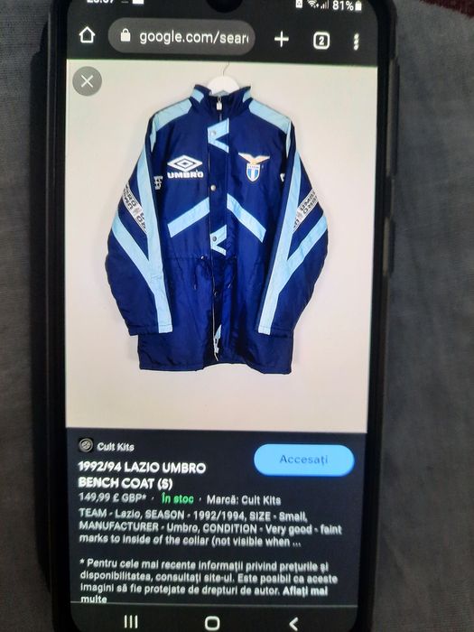 Vând geacă Umbro Lazio,perioada 1992/94,mărimea xl