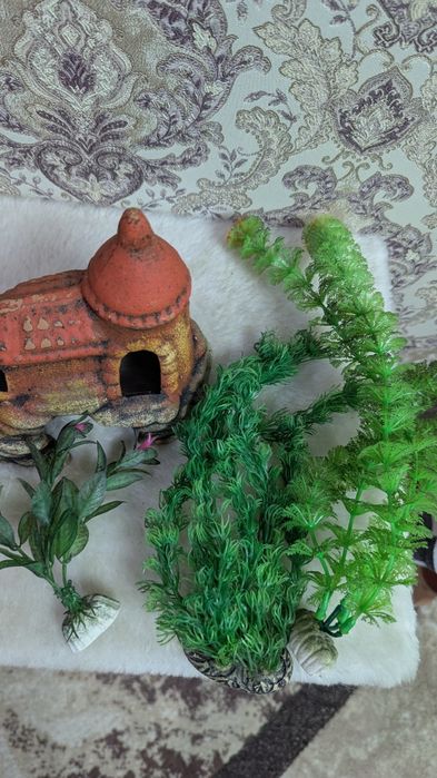 Декор для аквариума домик, растения 3шт