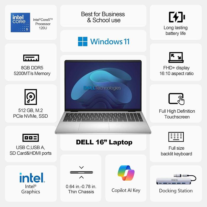 Dell 16" 2K Touchscreen Intel Core 5 120U, 8GB RAM, 512GB SSD