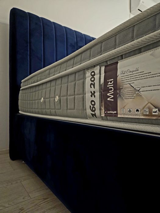 Pat tapitat cu lada depozitare + saltea full ortopedica