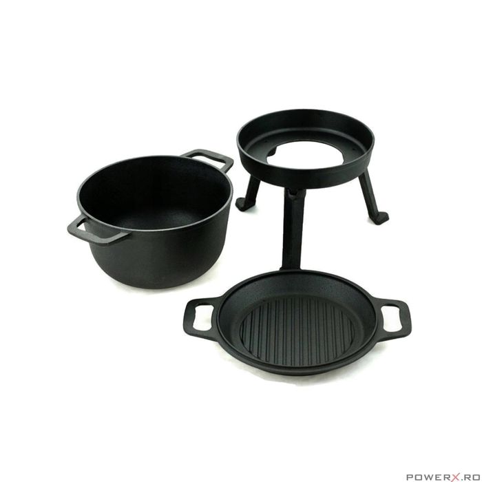 Ceaun 3 in 1 din fonta cu picioare si capac, 8 litri, negru, Kinghoff