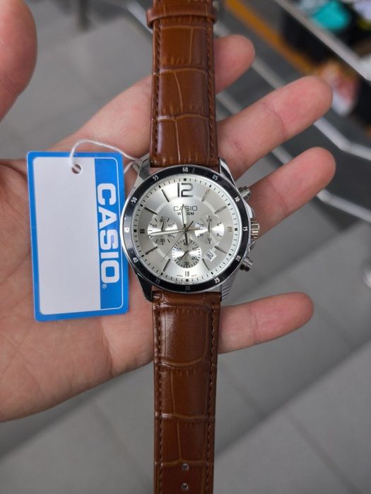 Мужские часы CASIO MTP хронограф,Классические наручные,Кожаный ремешок