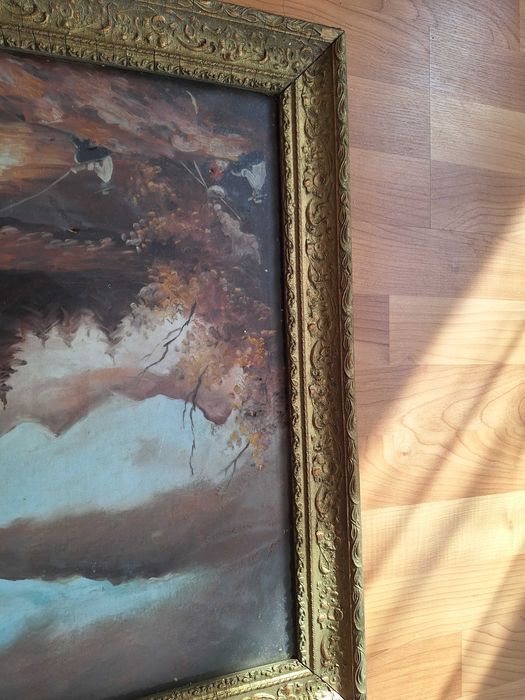 Tablou Vechi de Colectie impresionant „Pescar montan toamna ” – pictor V. Casacu (66.5 x 48 cm), ulei pe panza, rama stuc baroc aurita.