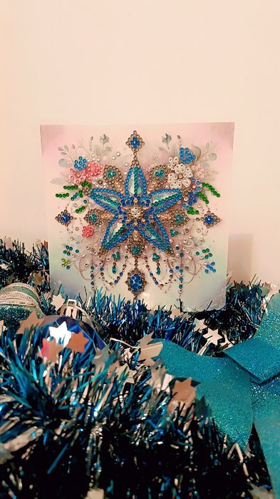 Felicitare de Crăciun Mozaic cu Diamante Model Floral cu Stea Albastră